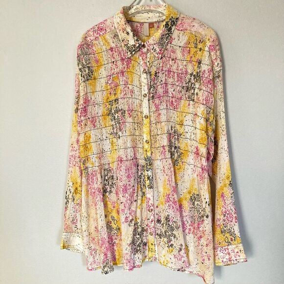 Pilcro Smocked Buttondown Shirt Size Large Oversized Relaxed Speckled Floral - Picture 2 of 13